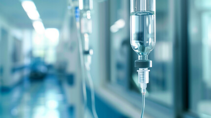 Close-up of a medical IV drip in a hospital setting, showing details of the dropper and flexible tubing that delivers the fluid to the patient.