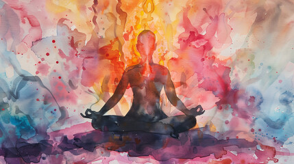 Hand-painted watercolor work depicting a figure in a lotus pose, with an abstract aura of power surrounding her.