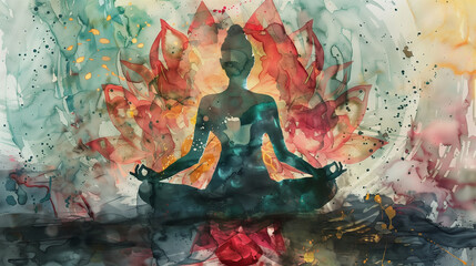 Fototapeta premium Hand-painted watercolor work depicting a figure in a lotus pose, with an abstract aura of power surrounding her.