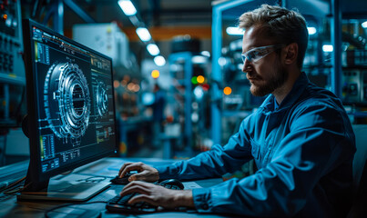 Mechanical Engineer Designing 3D Engine Model on Computer in Factory During Night Shift, Modern Technology and Precision Engineering, Industrial Innovation in Action