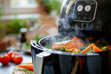 An air fryer cooking a healthy meal of vegetables and fish, with steam rising and a timer visible on the display