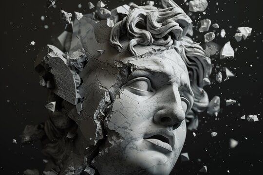 Marble statue with falling pieces. Greece culture, broken antique stone sculpture. Roman cracked ancient head. Old renaissance museum monument. Classical rome god portrait