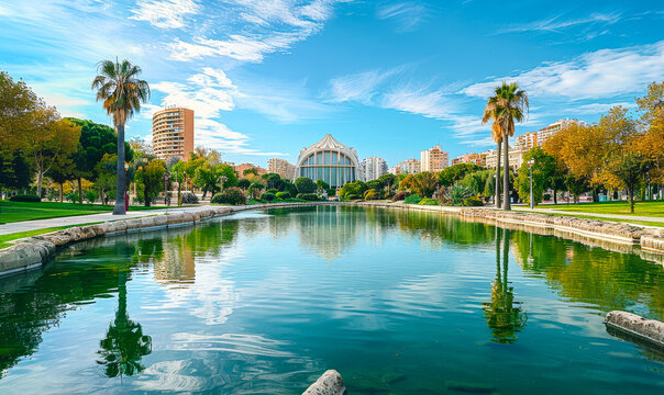 Scenic View of Turia Gardens in Valencia Spain with Reflection Pool, Palm Trees, Modern Buildings, and Clear Blue Sky on a Sunny Day