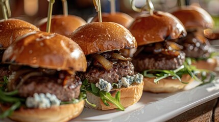 A plate of gourmet sliders, featuring mini burgers with a variety of toppings, including...