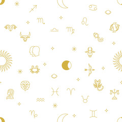 Horoscope Zodiac Seamless Pattern. Vector Line Illustration of Gold Background.