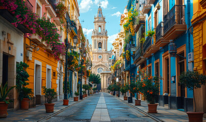 Fototapeta premium Charming Valencia Street Leading to Saint Mary's Square with Vibrant Buildings and Floral Balconies on a Sunny Day