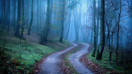 Fototapeta premium Misty morning in a tranquil forest with a winding path, evoking a sense of mystery and peace