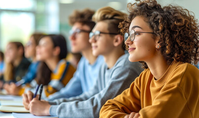 Engaged Multi-Ethnic College Students in Classroom Listening to Lecturer and Taking Notes During Daytime Study Session