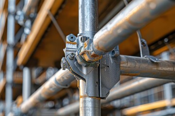 Close-up of scaffolding joints and connectors, showcasing the precision and strength of the structure