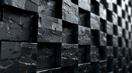 The black tiles form a polished wall against a futuristic, rectangular background made up of 3D blocks. A 3D rendering of the scene is presented.