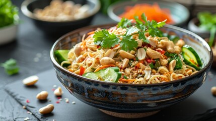 Pickled vegetables in tangy lemon sauce served with noodles and fresh herbs on a rustic table