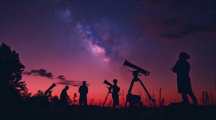 Obraz premium A group of amateur astronomers setting up their telescopes