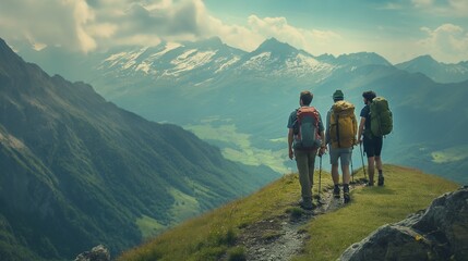 Obraz premium A group of friends hiking along a ridge line with breathtaking views