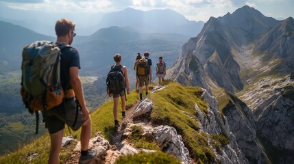 Obraz premium A group of friends hiking along a ridge line with breathtaking views
