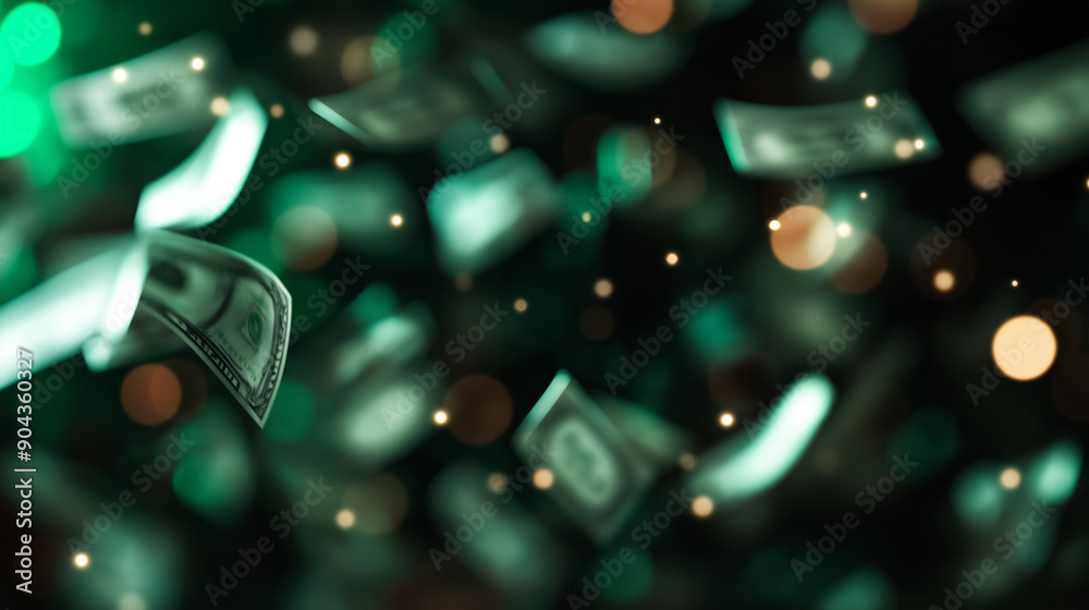 Poster Black Friday biggest sale text with a gradient from black to emerald green, highlighted by falling money and stars, mid shot 