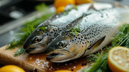 Cooking fresh trout with lemon butter and dill on a wooden cutting board in a modern kitchen