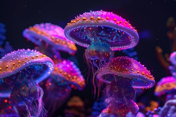 Obraz premium The image was created using the Stock technology of psychedelic decorative mushrooms.