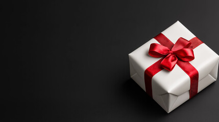 Obraz premium Black Friday sale minimalist background featuring white gift box, red discount icon on black background 