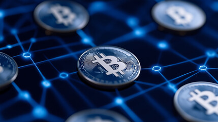 Blockchain network illustration with interconnected nodes and various currency symbols floating in a digital space 