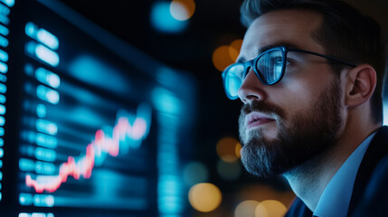 Business meeting with charts and graphs about cryptocurrency trends displayed on a screen, diverse professionals discussing 