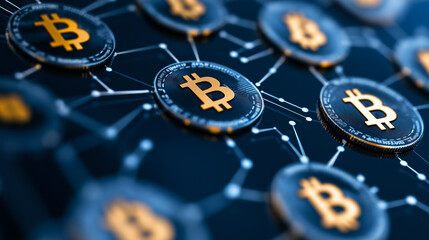 Blockchain network illustration with interconnected nodes and various currency symbols floating in a digital space 