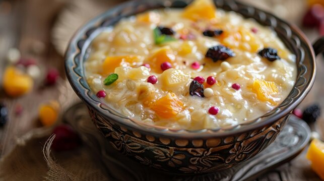 Mixed fruit rabdi made with condensed milk and fresh fruits served in a decorative bowl