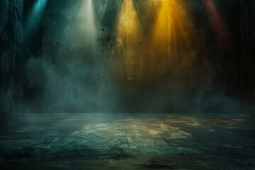 Fototapeta premium It has a dark stage, with an empty dark blue, purple, pink background, neon lights, and spotlights, and it has an asphalt floor, which is covered with smoke floats up the interior texture for the