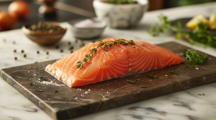 Fresh trout fillet on marble cutting board with herbs and condiments