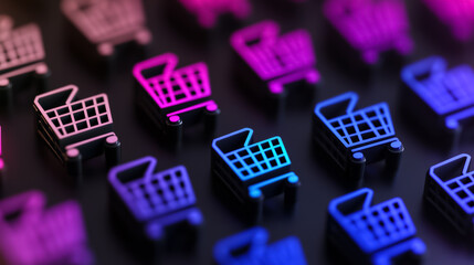 Exclusive Black Friday special offers text, glowing brightly on a sophisticated black to violet gradient, adorned with shopping carts and percentage signs, closeup 