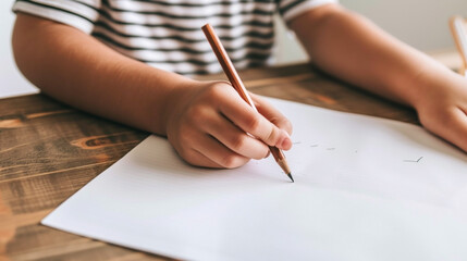 Child's hand writing with a pencil on a blank sheet of paper at a wooden table