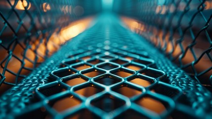 Close up of metallic mesh with blurred background in dimly lit environment