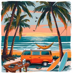 Obraz premium A serene beach scene at sunset with palm trees, flying birds, a vintage van, two chairs facing the sea, and a bucket with bottles. The orange sky and calm ocean create a peaceful, nostalgic atmosphere