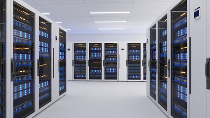 Shot of Data Center With Multiple Rows of Fully Operational Server Racks. Modern Telecommunications,Data center cooling,server room,3d rendering