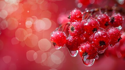 Water droplet on red berry during early morning dew in a garden