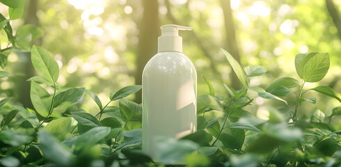 "White Eco-Friendly Bottle of Shampoo Surrounded by Green Leaves"
