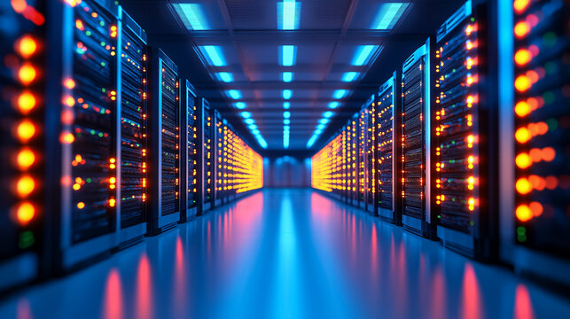 Wide angle of a cryptocurrency mining farm with rows of powerful GPU rigs and cooling systems 