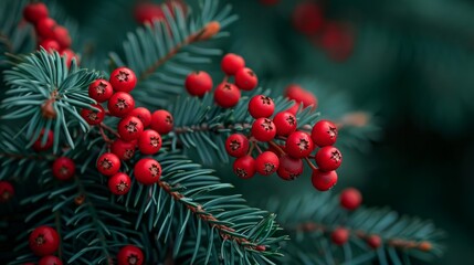 Spruce branch with crimson berries against dark green background