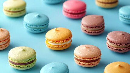 Obraz premium Colorful macaron cakes arranged on blue paper backdrop at afternoon gathering
