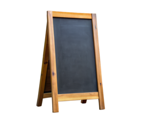 A wooden framed blackboard sign with a clean, blank surface ready for writing. Perfect for cafes, restaurants, or shops. Isolated on transparent background, png.
