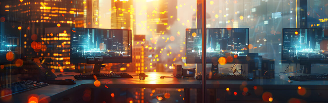 Room Filled with Computers Surrounded by Data Streams

