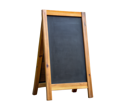 A wooden framed blackboard sign with a clean, blank surface ready for writing. Perfect for cafes, restaurants, or shops. Isolated on transparent background, png.