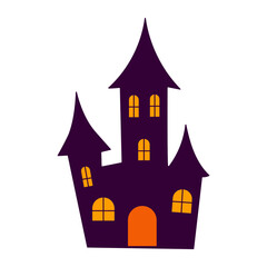 A creepy, spooky house with a purple roof and orange door. The house is surrounded by a white background
