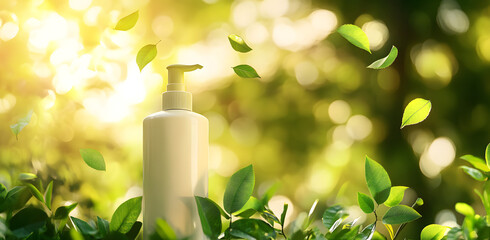 "White Eco-Friendly Bottle of Shampoo Surrounded by Green Leaves"