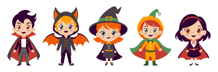 A group of children dressed in Halloween costumes, including a witch, a vampire, and a pumpkin