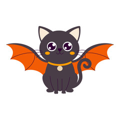 Halloween a black cat with bat wings is sitting on a white background. The cat has a collar and is looking at the camera