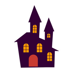 A creepy, spooky house with a red door and windows. The house is surrounded by a white background