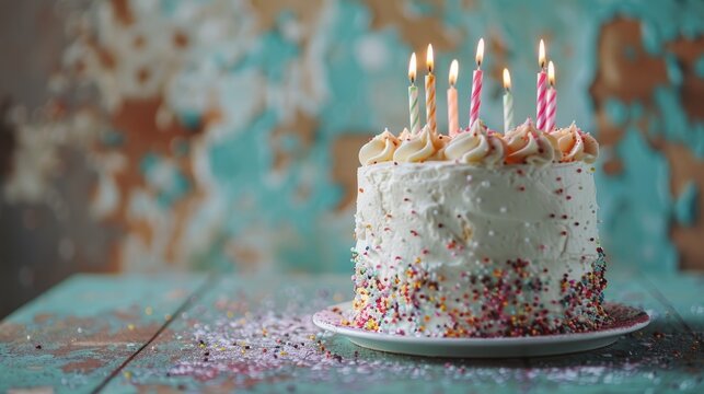Birthday cake decorated with candles and green drape on a rustic table