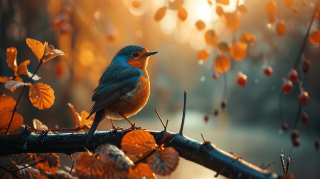 Bird perched on tree limb gazing back amidst autumn leaves at dusk - Powered by Adobe