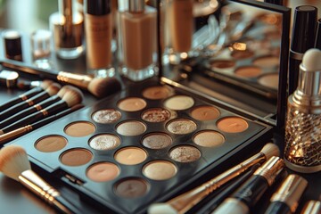 A close-up of makeup brushes and a palette on a table, surrounded by various beauty products.