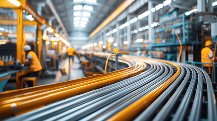 Blurred view of an industrial factory with conveyor belts and workers in safety vests and helmets under bright lighting.